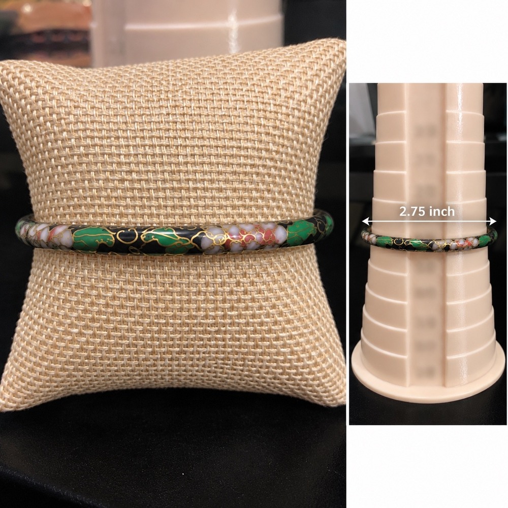 Vtg Cloisonne Enamel Floral Bangle Bracelet Black Green Gold Tone 2.75"